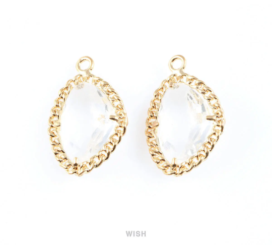 Clear Triangle Shape Pendants in Gold, Framed Triangle Charms / GCLG-034-P