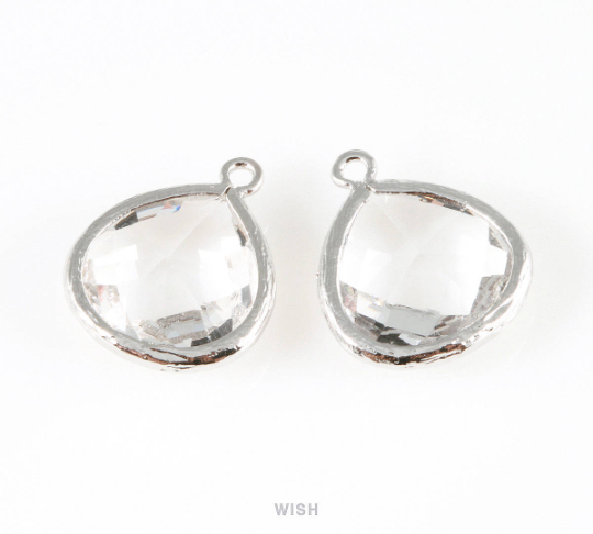 Clear Faceted Glass Charm in Rhodium, Framed Drop Glass Bead / GCLRH-001-P