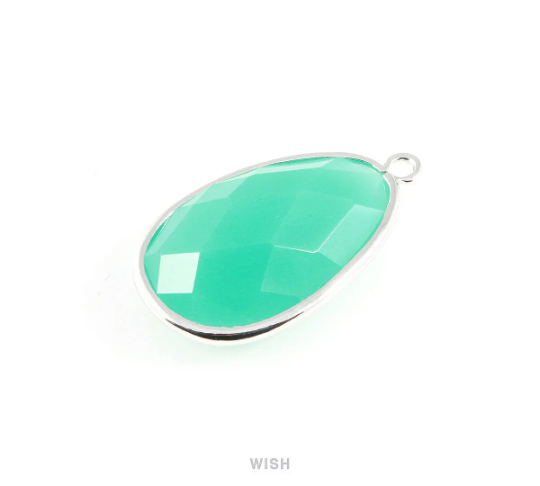 Mint Oval Glass Charm in Rhodium, Glass Framed Pendant / GMTRH-045-P