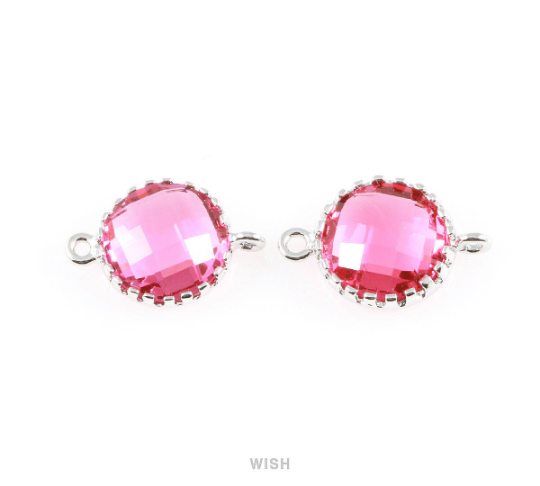 Ruby Faceted Glass Connector in Rhodium, Framed Round Connector / GRBRH-008-P