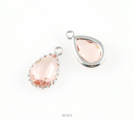 Peach Teardrop Glass Charm in Rhodium, Framed Drop Glass Gem / GPCRH-017-P