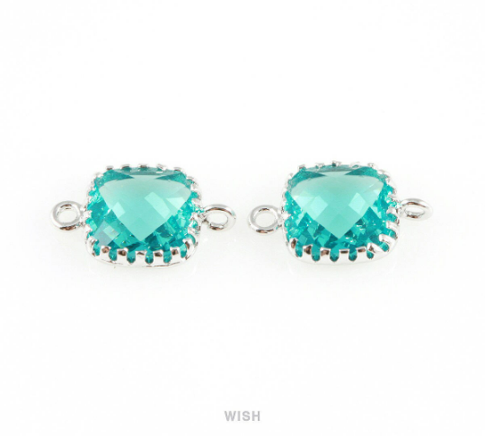 Aquamarine Faceted Glass Connector in Rhodium, Framed Square Connector / GAQRH-007-P