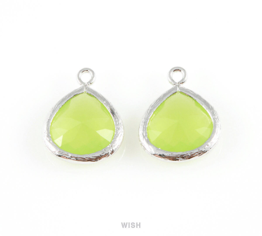 Peridot Faceted Glass Charm in Gold, Framed Drop Glass Bead / GPDG-002-P (Medium)