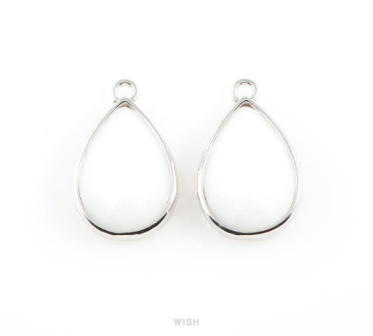 White Alabaster Teardrop Glass Charm in Rhodium, Framed Drop Glass Gem / GWARH-037-P