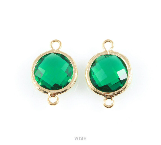 Emerald faceted Glass Connector in Gold, Framed Round Glass Bead/ GEMG-014-P