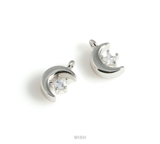 Crescent Charm with Star Cubic Zirconia in Rhodium, Celestial Charm /CRH-081-P