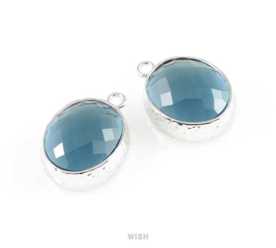 Montana Blue Faceted Glass Charms in Rhodium, Framed Oval Pendant / GMBRH-009-P