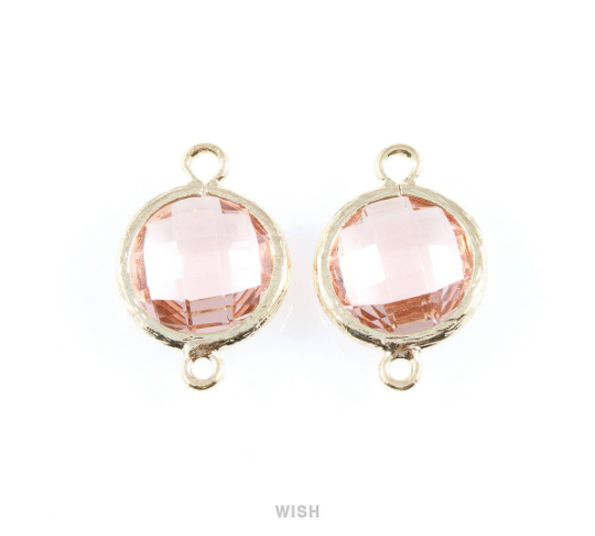 Peach faceted Glass Connector in Gold, Framed Round Glass Bead / GPCG-014-P