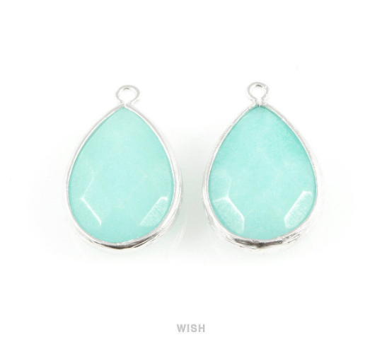 Mint Synthetic Stone Charms in Matte Rhodium, Framed Teardrop Pendant / SMTMRH-010-P