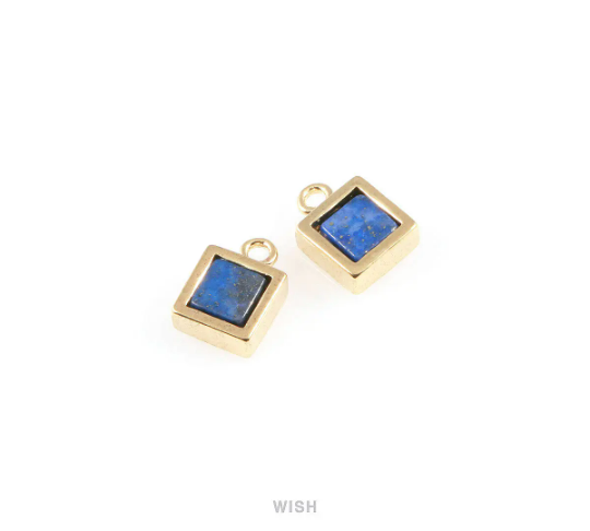 Lapis Lazuli Square Stone Charm in Gold, Gemstone Framed Pendant / SLLG-049-P