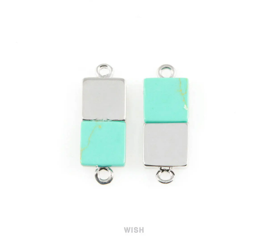 Turquoise Rectangle Stone Charm in Rhodium, Gemstone Framed Pendant / STQRH-055-P