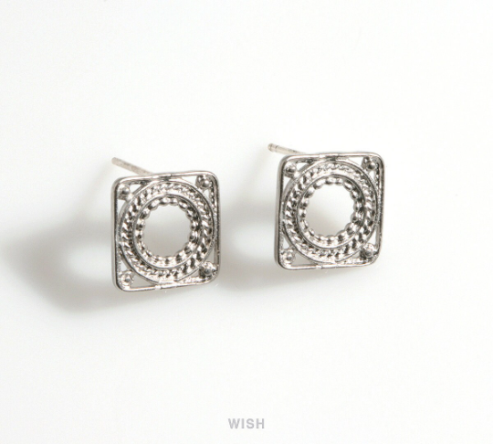 Square Stud Earrings in Matte Rhodium, Oriental Patterned Square Ear Studs / MMRH-606-E