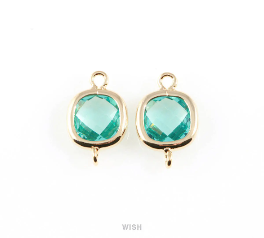 Aquamarine Faceted Glass Connector in Gold, Square Framed Connector / GAQG-041-P