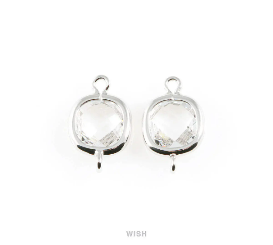 Clear Faceted Glass Connector in Rhodium, Square Framed Connector / GCLRH-041-P