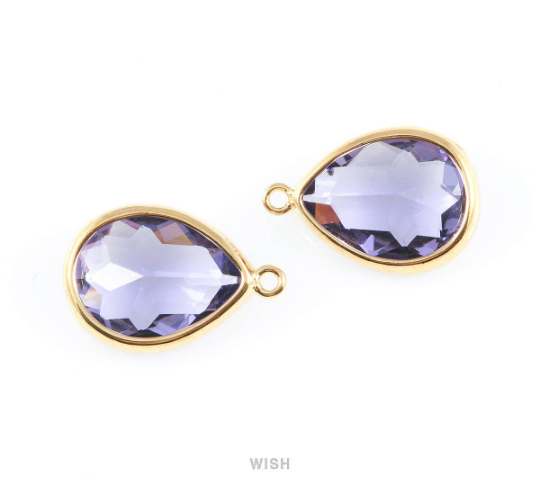 Amethyst Teardrop Glass Charm in Gold, Framed Drop Glass Gem / GTZG-016-P
