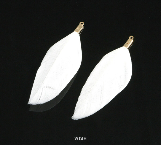 4 White Genuine Feather with Gold Loop, Feather Charm / FWHG-001-P