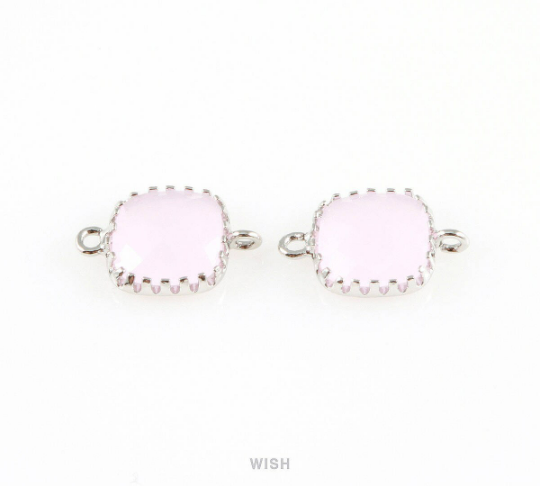Rose Quartz Faceted Glass Connector in Rhodium, Framed Square Connector/ GRQRH-007-P