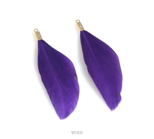 4 Purple Genuine Feather with Gold Loop, Feather Charm / FPUG-001-P