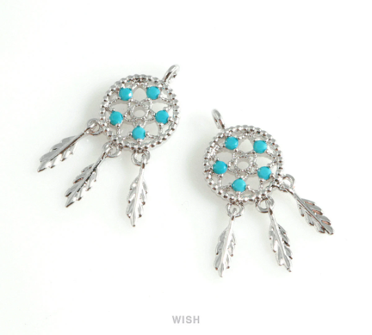 Turquoise Dreamcatcher Pendants in Rhodium, Dreamcatcher Charm / MRH-441-P
