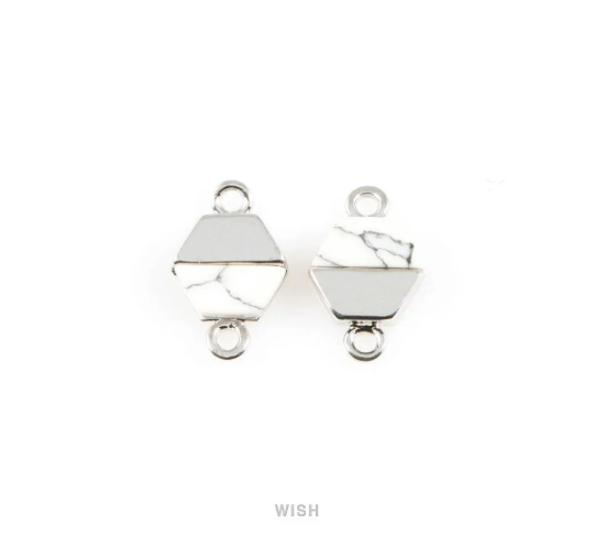 Howlite Hexagone Stone Charm in Rhodium, Gemstone Framed Pendant /SHTRH-048-P