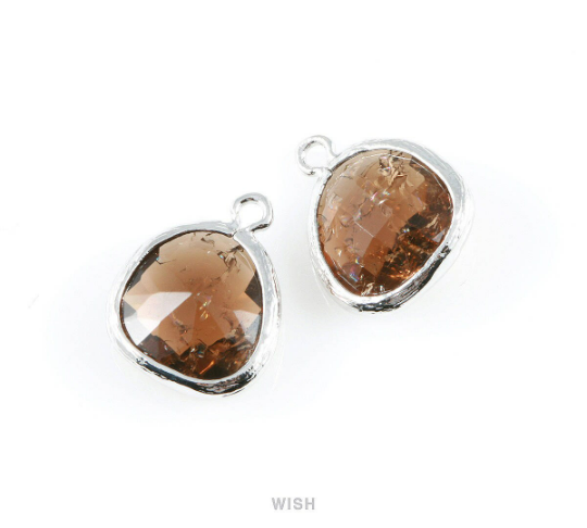 Smokey Quartz Sparkle Glass Charm in Rhodium, Framed Drop Glass Bead / GSQRH-013-P