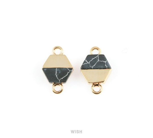 Black Marble Hexagone Stone Charm in Gold, Gemstone Framed Pendant/ SBMG-048-P