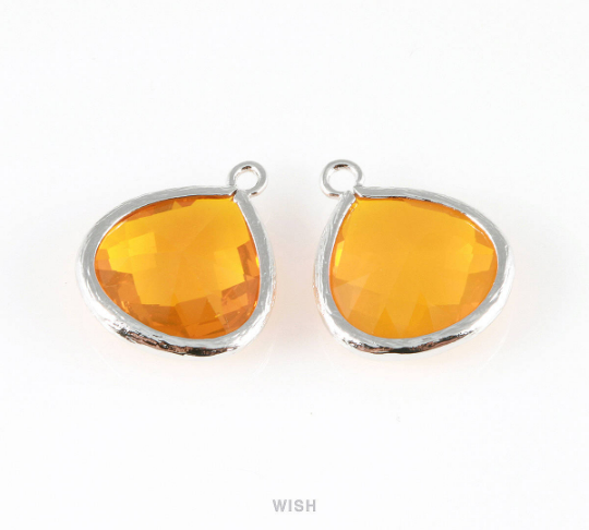 Citrine Faceted Glass Charm in Rhodium, Framed Drop Glass Bead /GCNRH-001-P (Large)
