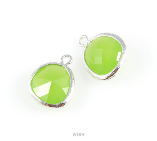 Peridot Faceted Glass Charm in Rhodium, Framed Drop Glass Gem/ GPDRH-004-P (Medium)