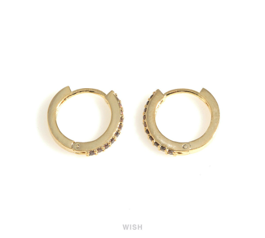 Charcoal CZ Latch Back Huggie Hoop Earrings in Gold, Charcoal CZ Huggie Earrings / CG-083-E3