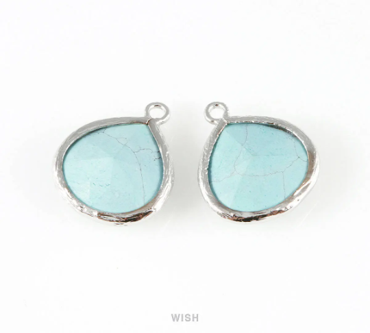 Turquoise Faceted Glass Charm in Rhodium, Framed Glass Bead / GTQRH-001-P (Large)