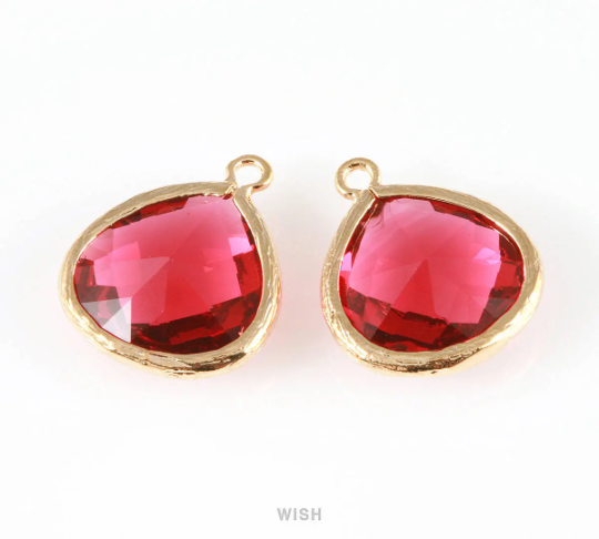 Ruby Faceted Glass Charm in Gold, Framed Drop Glass Bead / GRBG-001-P (Large)