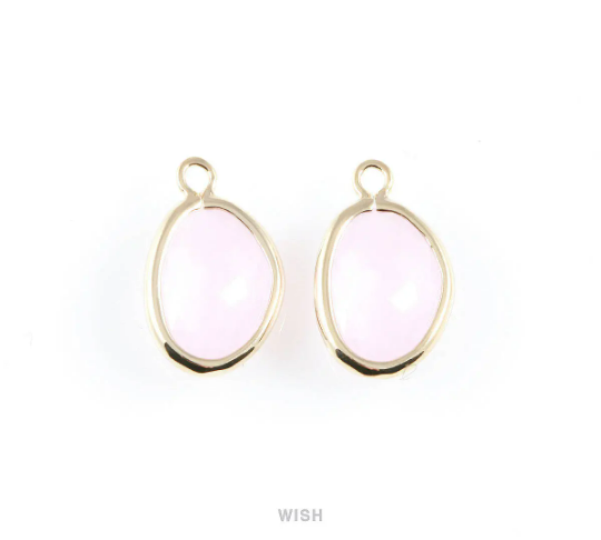 Rose Quartz Pear Glass Charm in Gold, Glass Framed Pendant / GRQG-040-P