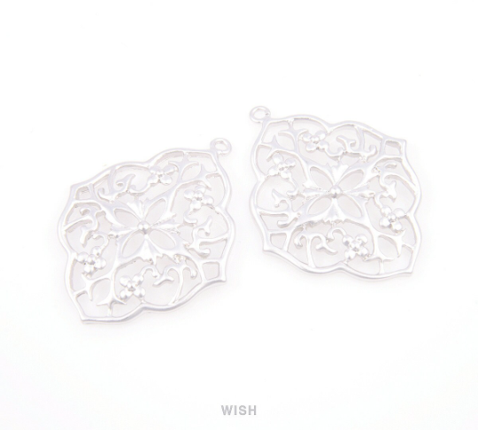 Floral Shield Pendants in Matte Rhodium, Oriental Floral Charm / MMRH-057-P