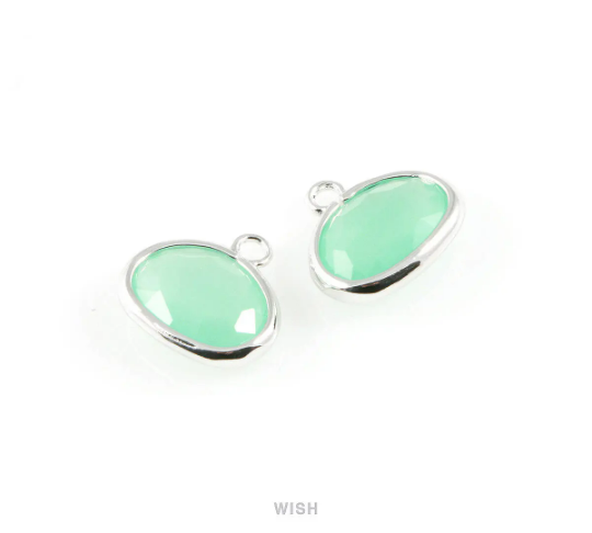 Mint Oval Glass Charm in Rhodium, Glass Framed Pendant/ GMTRH-039-P