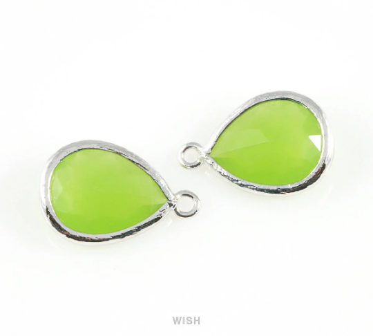 Peridot Teardrop Glass Charm in Rhodium, Framed Drop Glass Gem / GPDRH-005-P