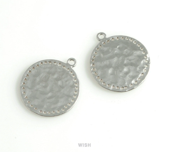 Hammered Disc Pendant in Matt Rhodium, Hammered Coin Charm / MMRH-447-P