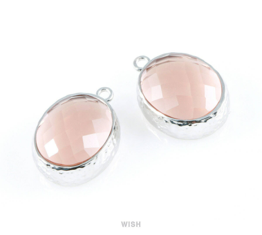 Peach Faceted Glass Charms in Rhodium, Framed Oval Pendant/ GPCRH-009-P