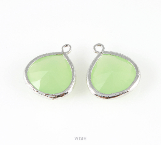 Light Mint Faceted Glass Charm in Rhodium, Framed Drop Glass Bead / GLMRH-001-P (Large)