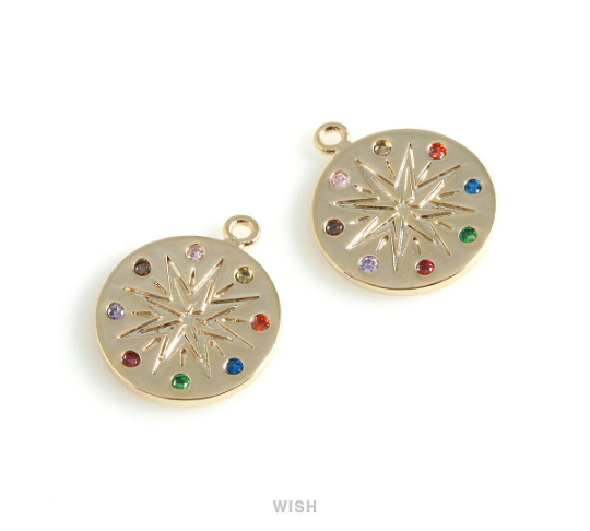 Gold Star Disc with Birthstone Pendant, Multi Color Coin Gems / MG-428-P