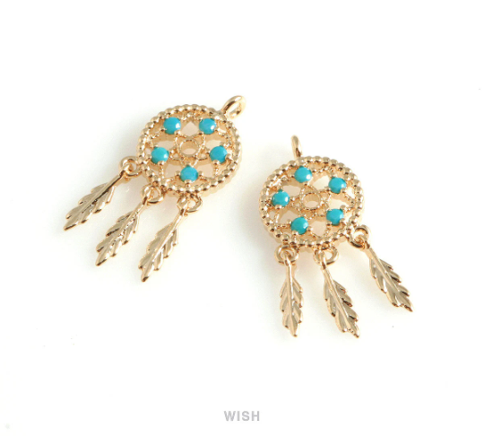 Turquoise Dreamcatcher Pendants in Gold, Dreamcatcher Charm / MG-441-P