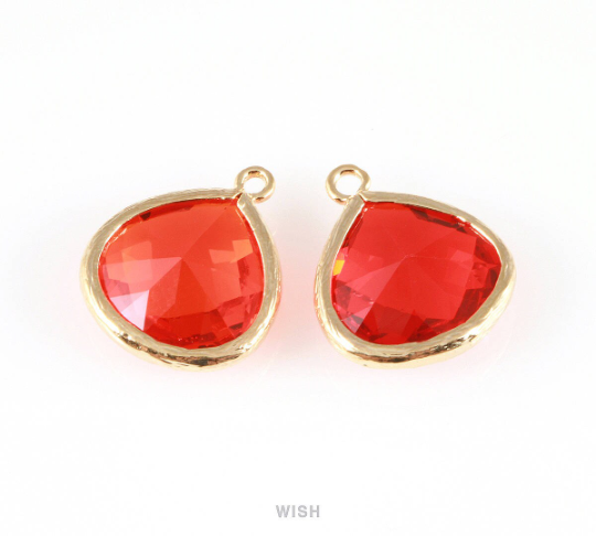 Fire Opal Faceted Glass Charm in Gold, Framed Drop Glass Bead / GFOG-001-P