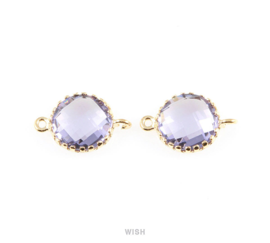 Amethyst Faceted Glass Connector in Gold, Framed Round Connector / GTZG-008-P