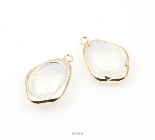 Opal Faceted Glass Charms in Gold, Framed Teardrop Pendant / GOPG-085-P