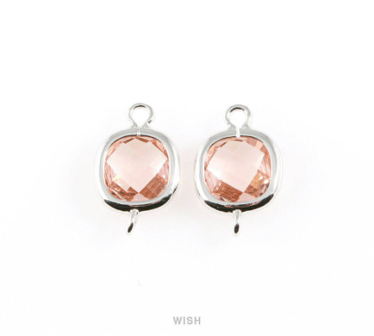 Peach Faceted Glass Connector in Rhodium, Square Framed Connector / GPCRH-041-P