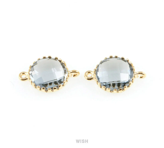 Charcoal Faceted Glass Connector in Gold, Framed Round Connector/ GCCG-008-P