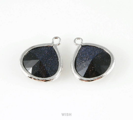 Lapis-Lazuli Faceted Glass Charm in Rhodium, Framed Drop Glass Bead /GLLRH-001-P (Large)
