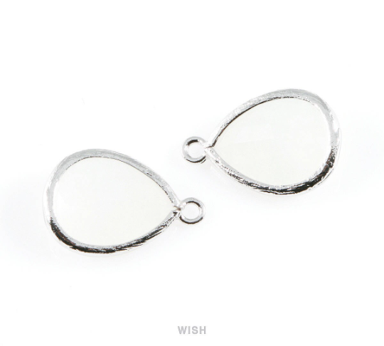 White Alabaster Teardrop Glass Charm in Rhodium, Framed Drop Glass Gem / GWARH-005-P