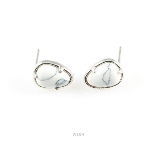 Howlite Teardrop Stone Earrings in Rhodium, Gemstone Framed Ear Post / SHTRH-068-E