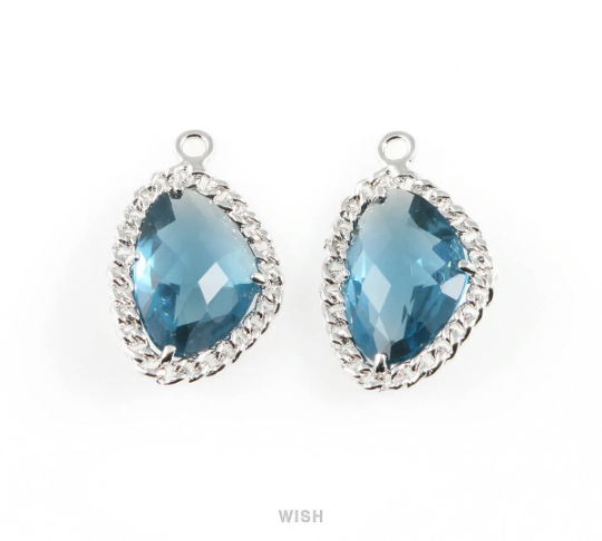 Montana Blue Triangle Shape Pendants in Rhodium, Framed Triangle Charms / GMBRH-034-P
