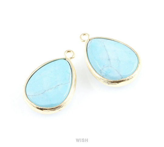 Turquoise Synthetic Stone Charms in Matte Gold, Framed Teardrop Pendant / STQMG-010-P